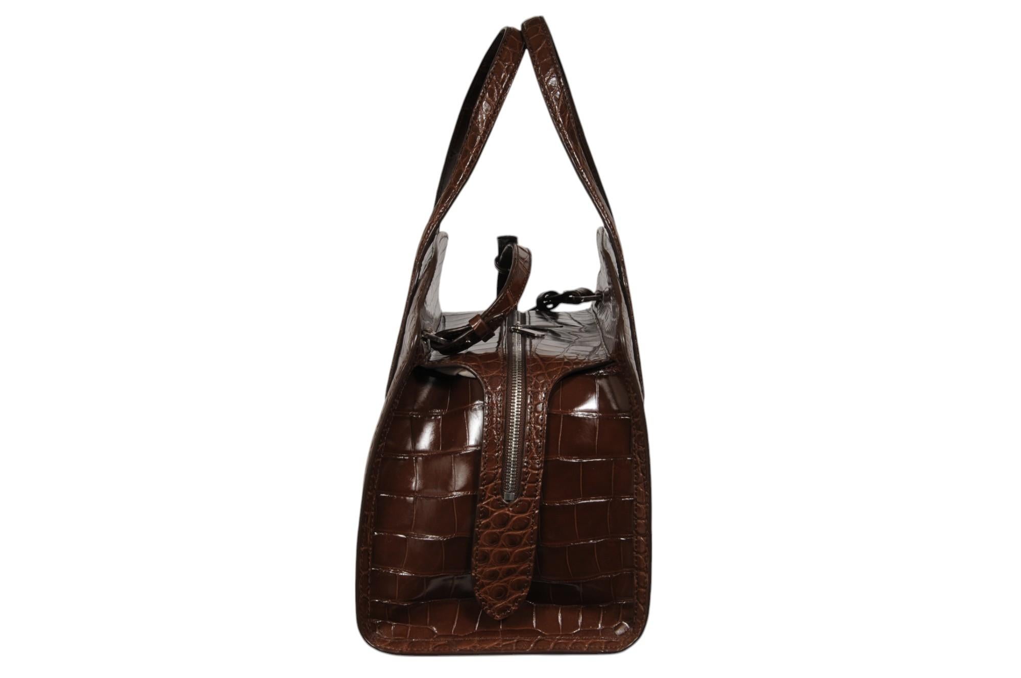 Loro Piana Sesia Bag Marrone Alligatore Crossbody Tote Top Handle Bag In condizioni ottime in vendita a North Miami, FL