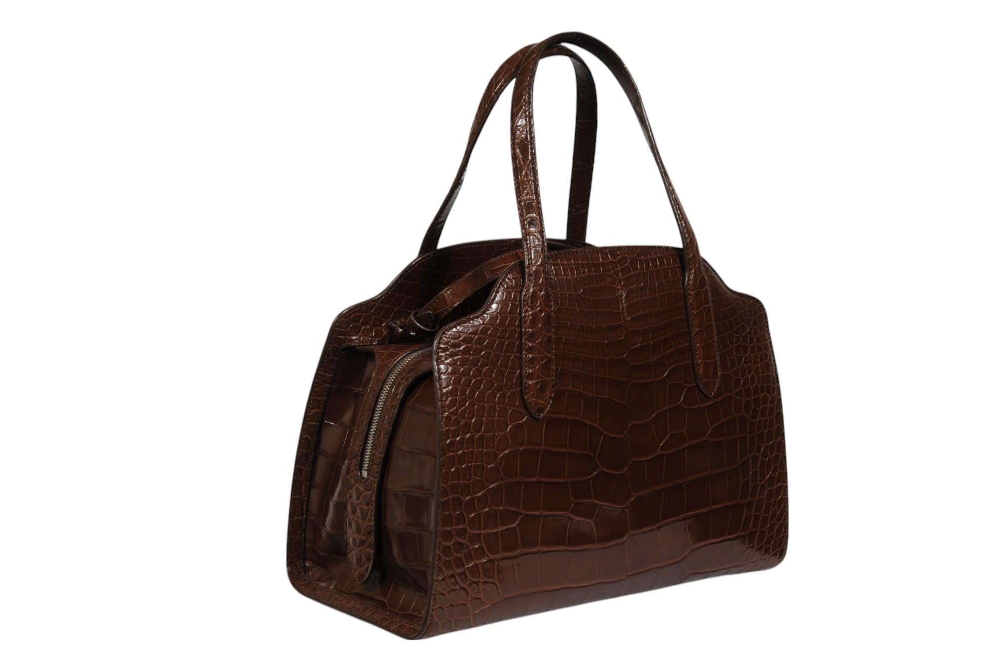 Loro Piana Sesia Bag Marrone Alligatore Crossbody Tote Top Handle Bag in vendita 1