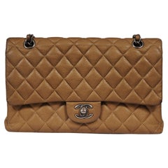 Chanel Women Medium Double Flap Quilted Cav Brown Gold Tan Leather Bag Silver