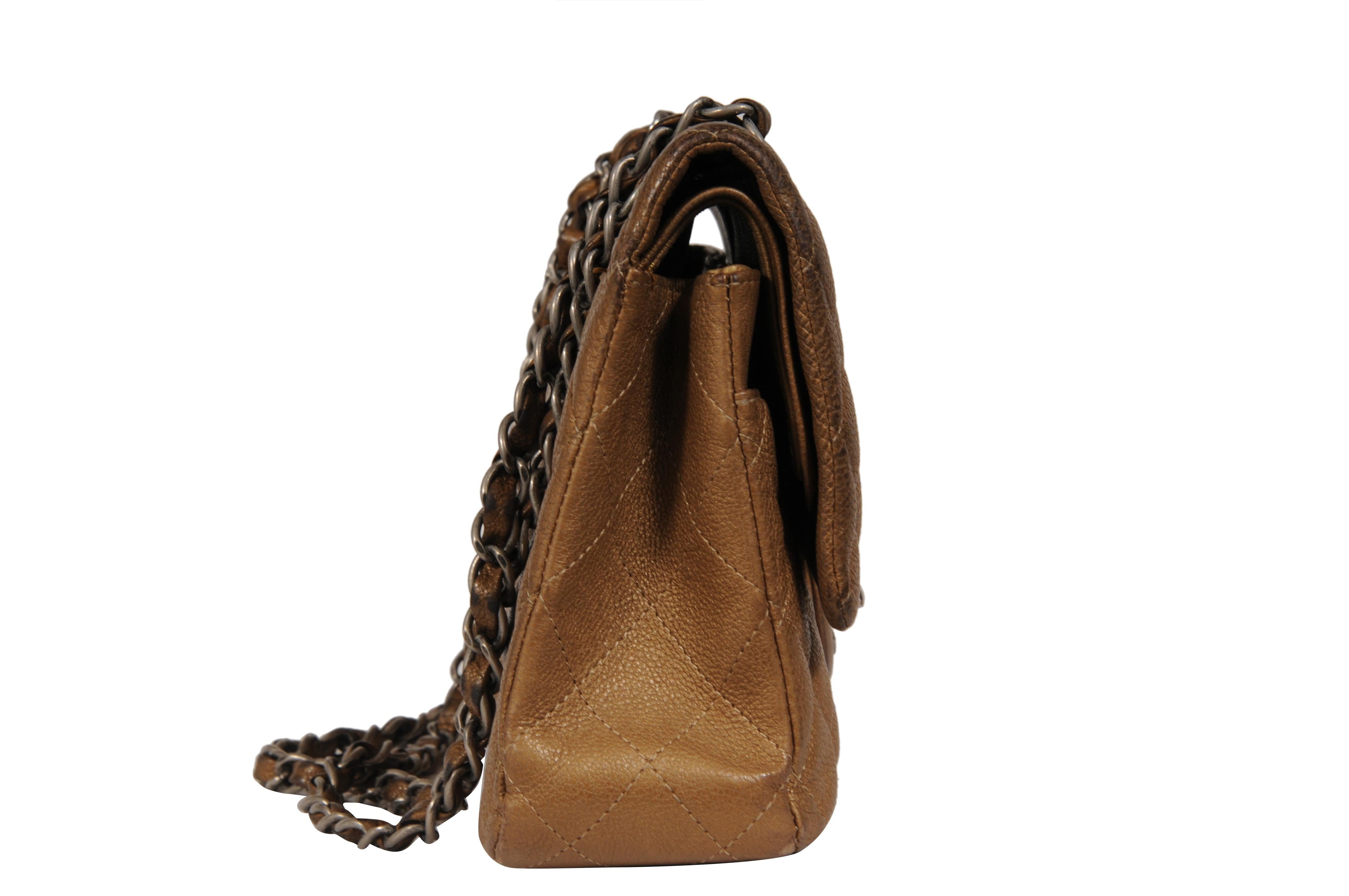 Marrone Chanel Donna Medium Double Flap Quilted Cav Brown Gold Tan Borsa in pelle Silver in vendita