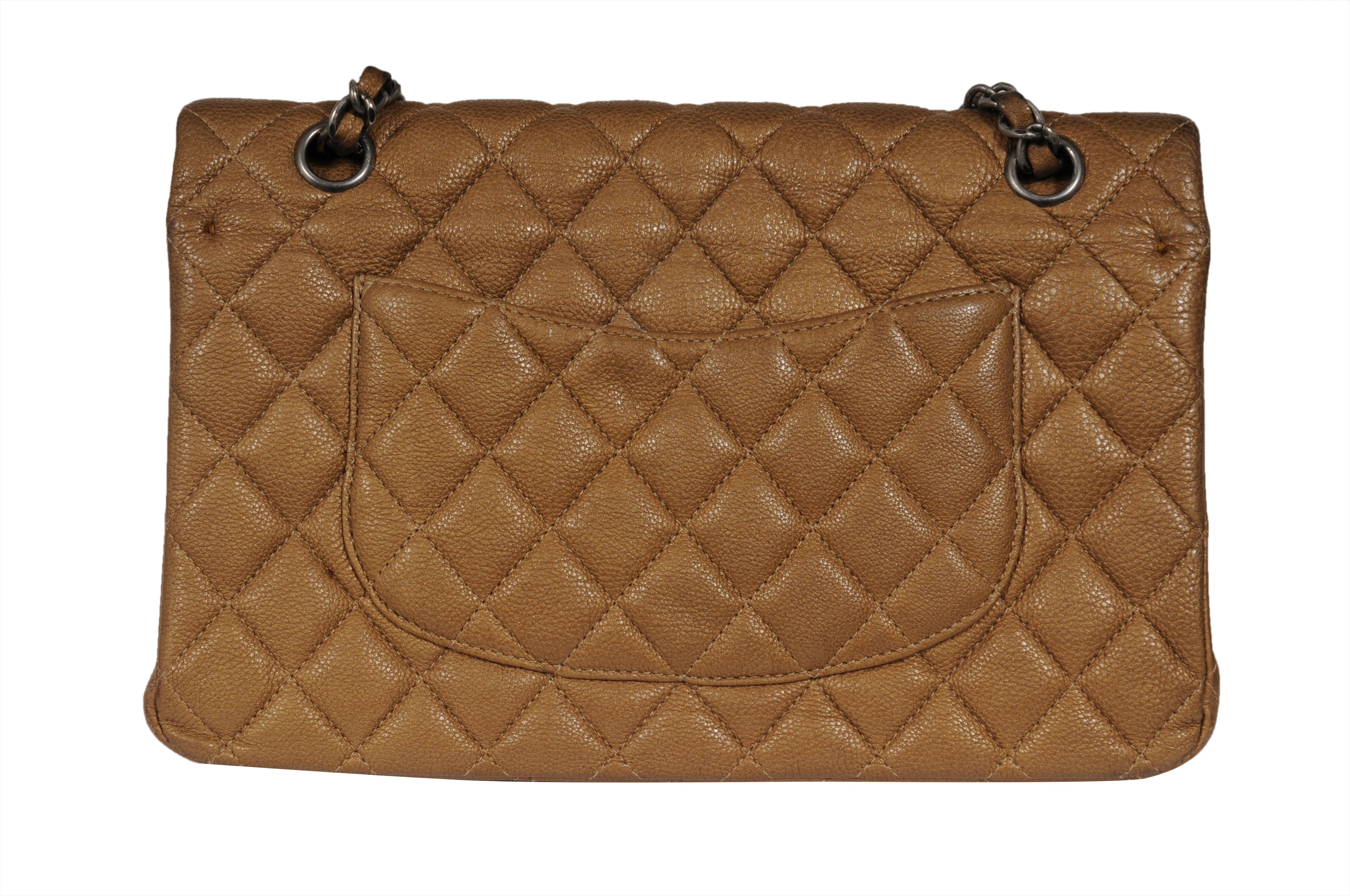 Chanel Donna Medium Double Flap Quilted Cav Brown Gold Tan Borsa in pelle Silver in vendita 1