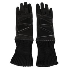 Bottega Veneta Women Geometric Gloves Size 6.5 Small Black Leather Wool Cashmere