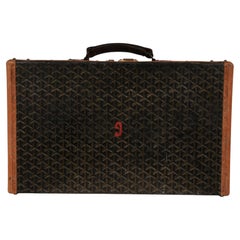 Goyard Vintage 1930 Cary On Travel Trunk Suitcase Hard Sided Black Brown Gold
