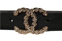 Chanel Women CC Logo Crystal Rhinestone Belt Gold 85 / 34 Black Lambskin Leather