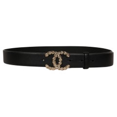 Chanel Women CC Logo Crystal Rhinestone Belt Gold 85 / 34 Black Lambskin Leather