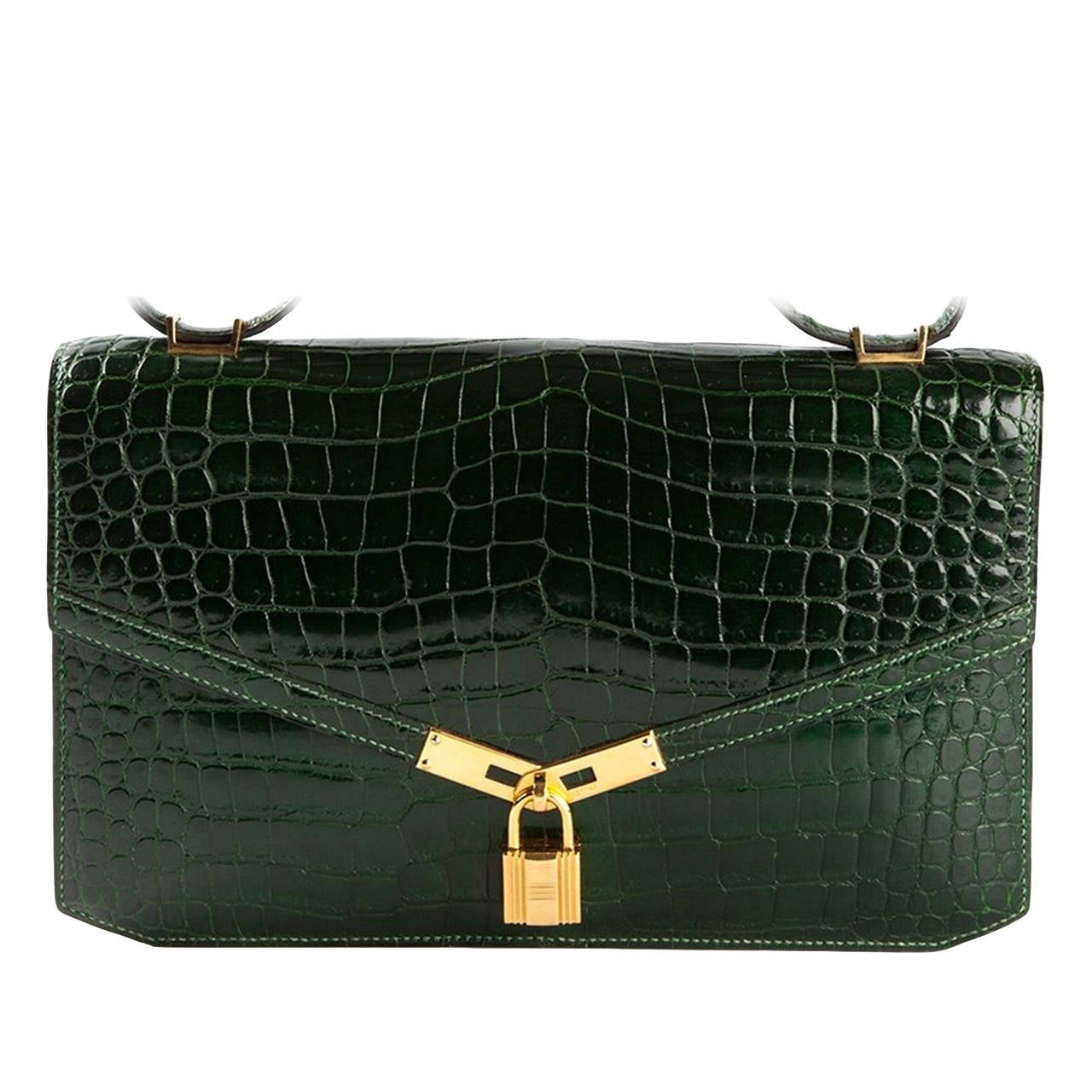 Exceptional Hermes Lock green Croco Handbag
