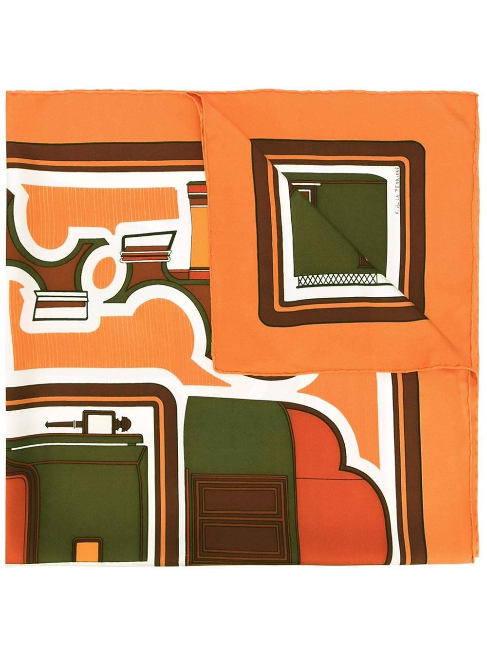 Stunning colors for this rare Hermès scarf of 1970. Les Coupés designed by Françoise de la Parrière. In excellent condition. Square: 90 cm. 