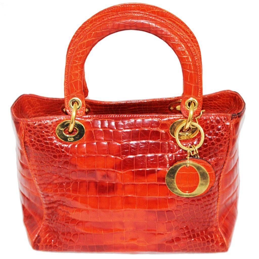 Exceptional Lady Dior Orange crocodile Handbag