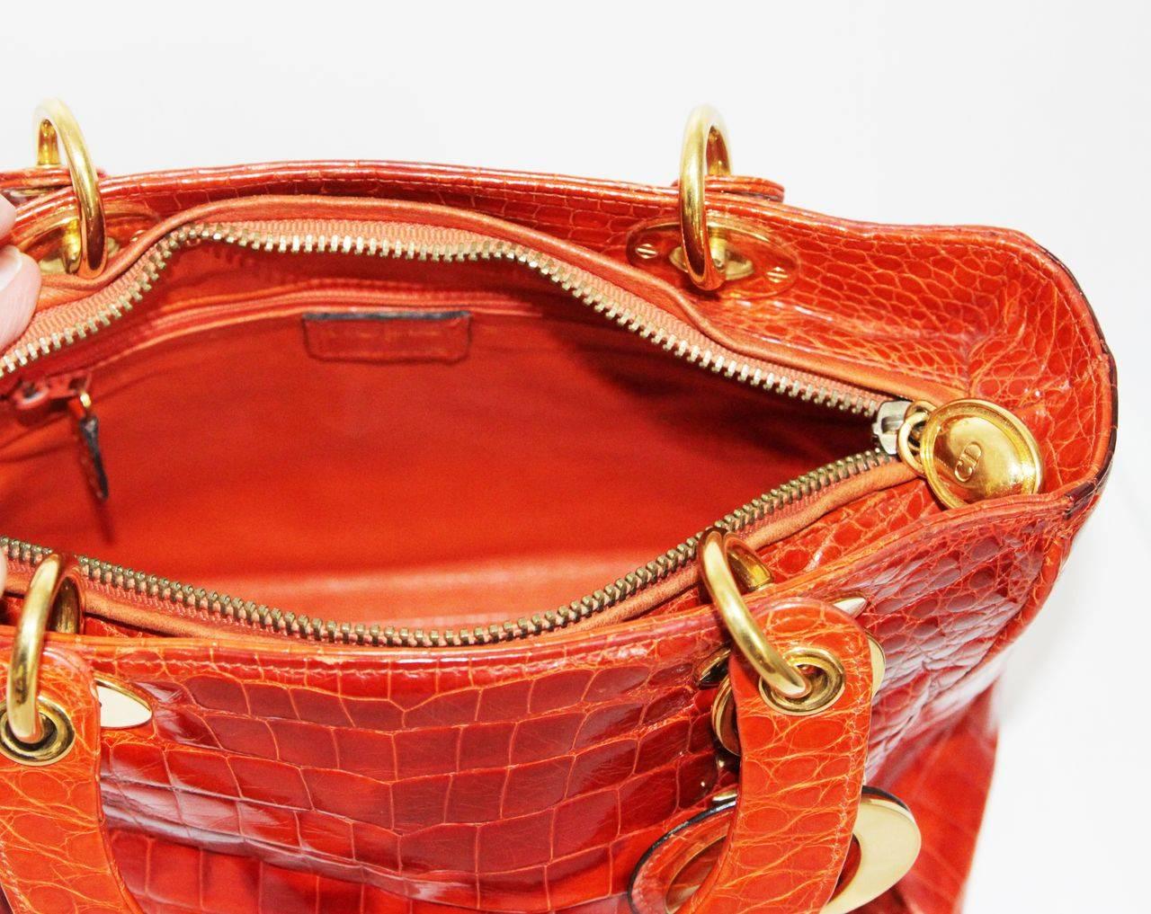 Red Exceptional Lady Dior Orange crocodile Handbag