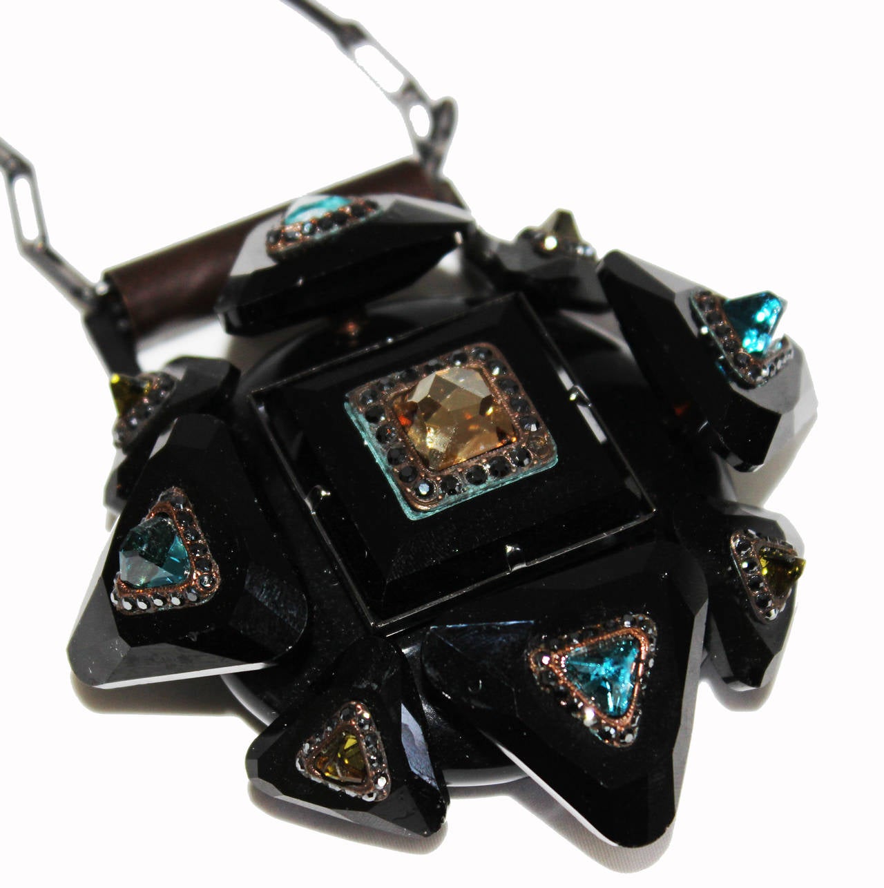 Stunning Lanvin Haute Couture Faceted glass and crystal stones. Gun metal. Excellent vintage condition. Delivered in the original box. Pendant: 8 x 9 cm - 3 1/6 x 3.5 in.