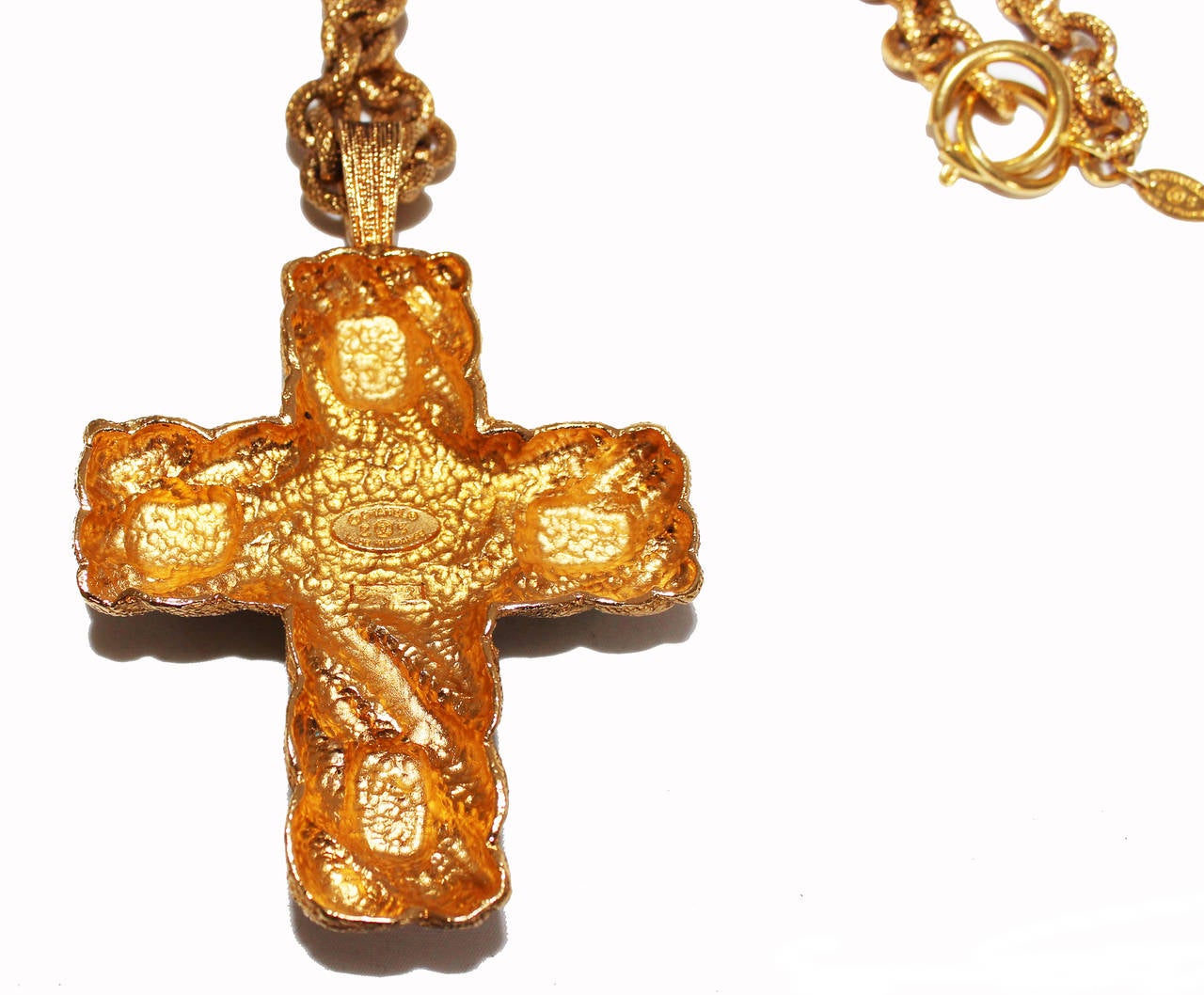 A fabulous find of Chanel,  back to the byzantine style, the favorite Style of Mademoiselle Chanel. A really rare find in excellent condition. Just to die for... Size of the cross: 7 x 6 cm - length of chain: 90 cm. Made of gold plated metal,