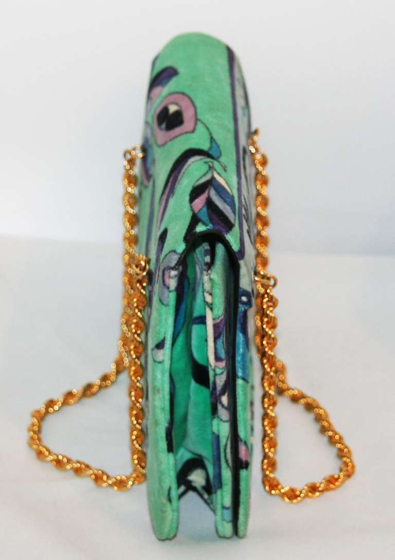 Just Gorgeous Vintage Emilio Pucci Turquoise velvet & black silk lining of the 60s. Pristine condition. Gold torsade metal chain. Marked Emilio Pucci Bags Made in Italy.