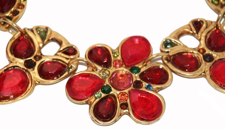 Just Gorgeous! Fun and Collectable French Couture Necklace made by Kalinger Paris, 1980. Made of Resin, gold plated metal and crystal stones. Pink/Red & green. Excellent condition. Marked: Kalinger Paris. Size: length:45 cm - 17.7 in, width: 7 cm -