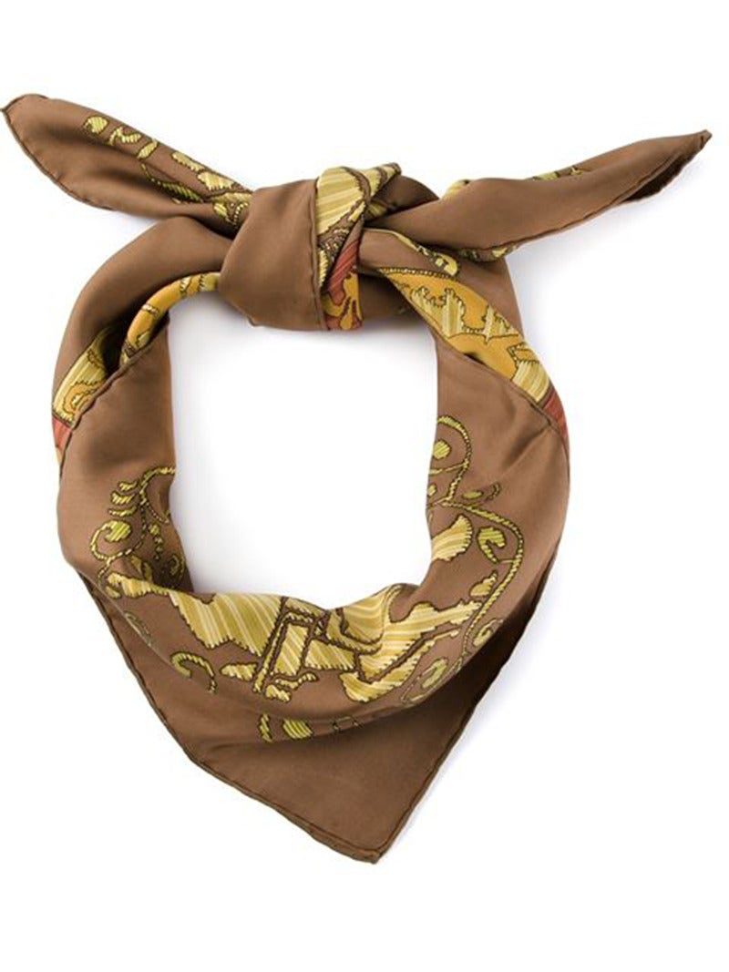 Hermès Brown, yellow, gold-tone and khaki silk 'Hourvari' scarf design by Henri d'Origny. c.1972.

Size : Square 90cm. Excellent vintage condition.