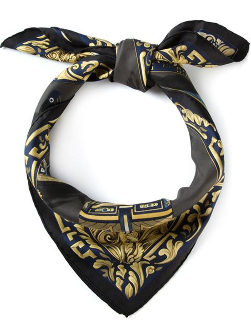 Hermès black, blue, khaki and gold-tone silk 'Jonques et Sampans' scarf. Designed by Françoise de la Perrière, c.1991. 

Size : square 90cm. Excellent vintage condition.