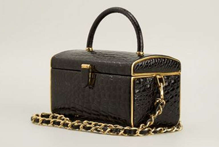 Unique Black Croco Box handbag 1960 In Excellent Condition In Verviers, BE
