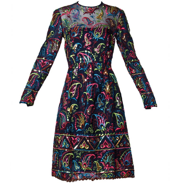 Victoria Royal Ltd Vintage 1960s 60s Silk Sequin Embroidered Dress