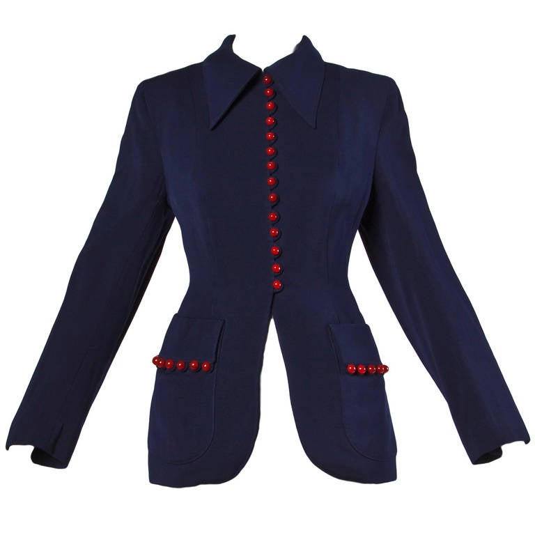 Vintage 1940s 40s Navy Blue Wool Jacket with Red Bobble Buttons