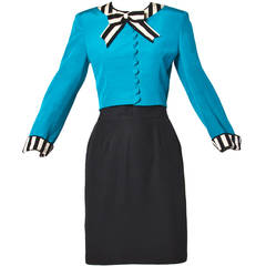 Moschino Vintage 1990s 90s Striped Tie Skirt Suit in Blue Black + White