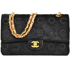 Chanel Black Coco Pony Hair Double Flap 10" Classic Bag w Leather Chain Strap