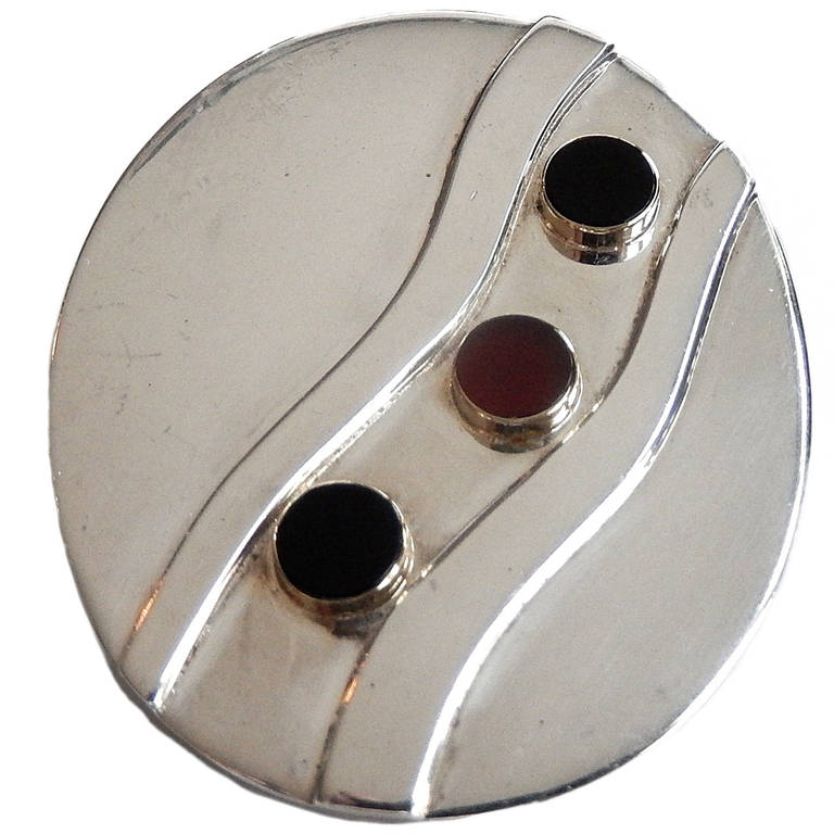 1960s Pierre Cardin Space-Age, Sterling Silver, Onyx, Carnelian and 14K Pin For Sale
