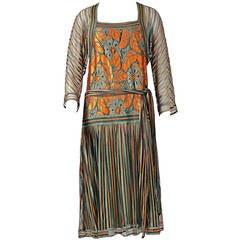 Vintage 1970's Janice Wainwright Marigold & Gray Silk-Net Lace Deco Flapper Dress