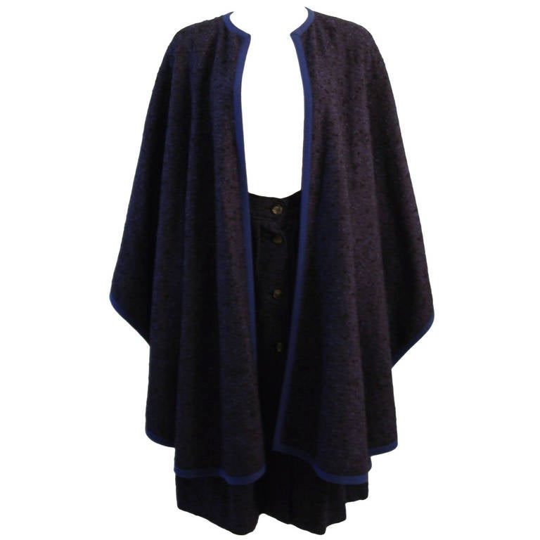 Yves St. Laurent Blue Wool Skirt and Cape Ensemble Size 40