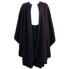 Vintage Yves St. Laurent Blue Wool Skirt and Cape Ensemble Size 40