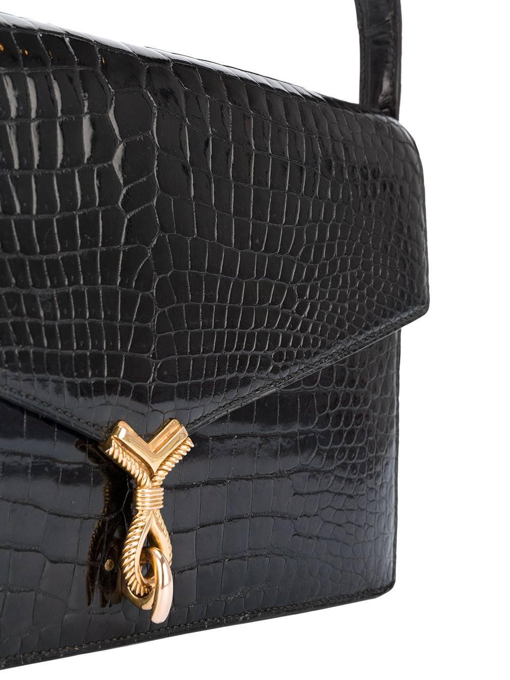 Hermes Paris Black crocodile The Cordeau bag mint condition 60s In Excellent Condition In Verviers, BE