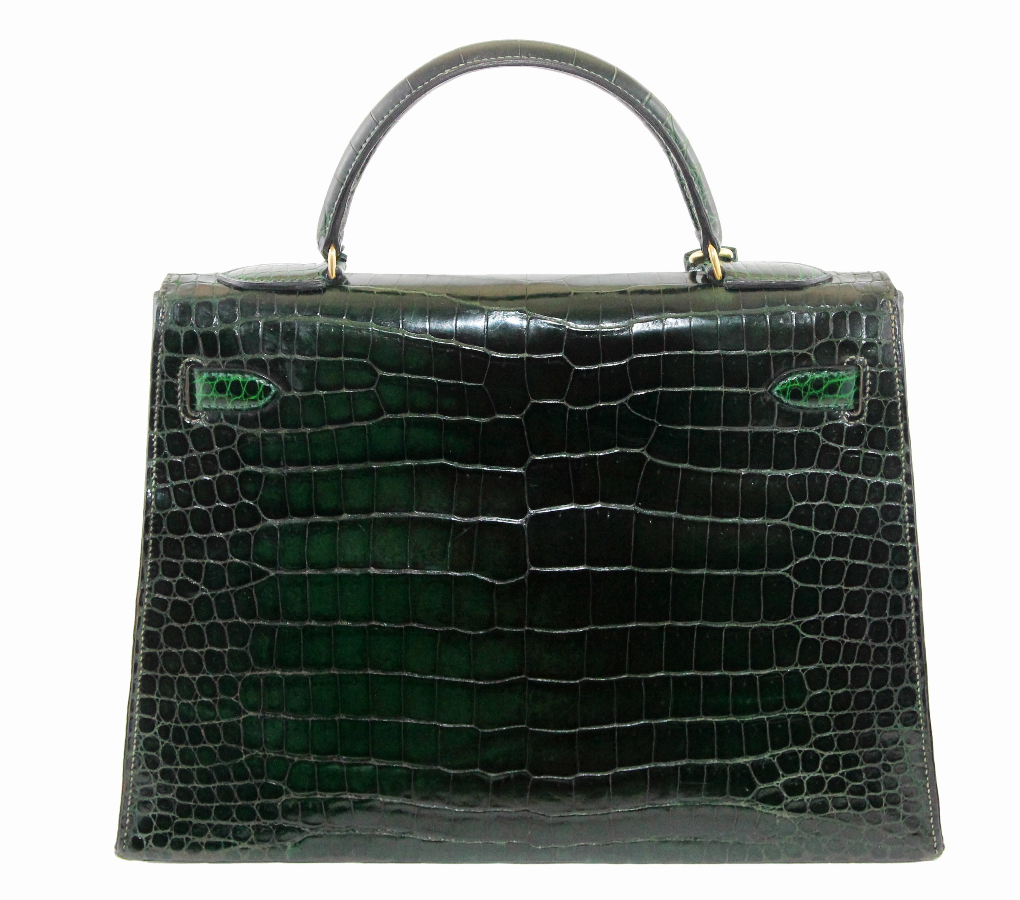 Women's or Men's Hermes Vintage Green Croco Kelly Handbag,  1960s