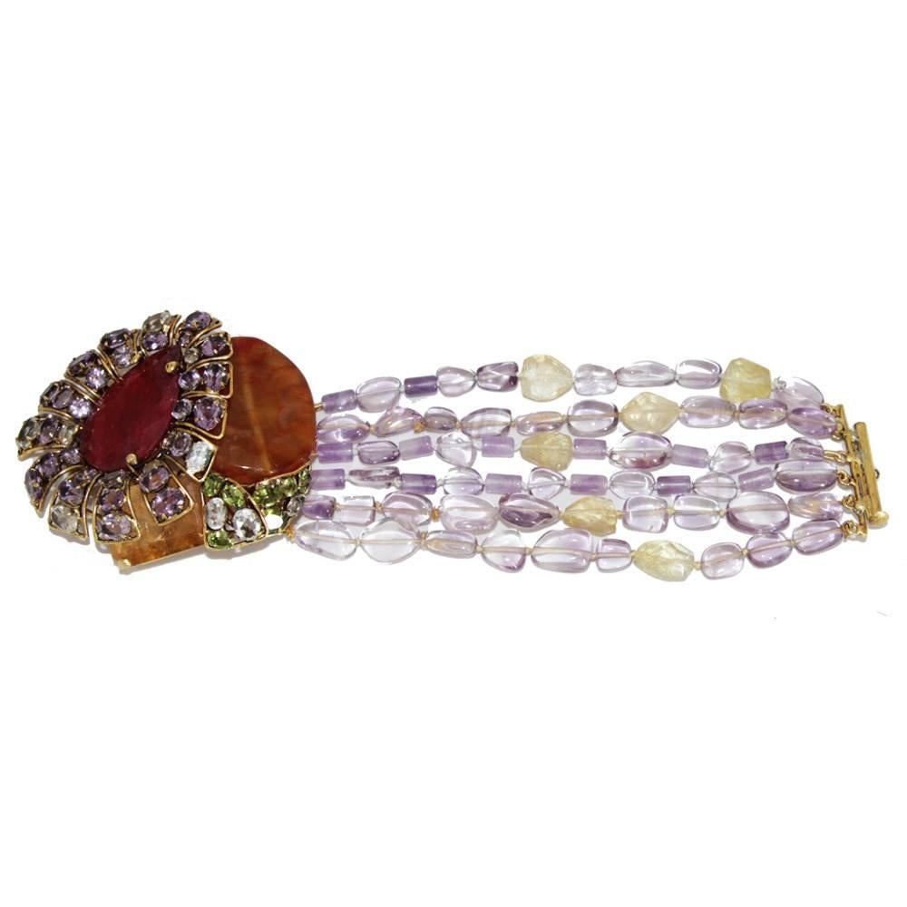 Precious Amethyst Citrine Agathe Brooch & Bracelet In Excellent Condition For Sale In Verviers, BE
