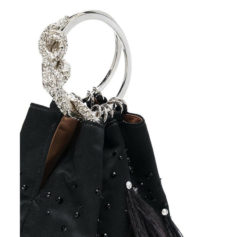Rare and stunning Valentino evening bag, year 2000. Made of black feathers, crystal stones, silver plated metal and silk satin. Made in Italy.  Unique and collectable as always with Katheleys' selection !!! We love and we are at your disposal for