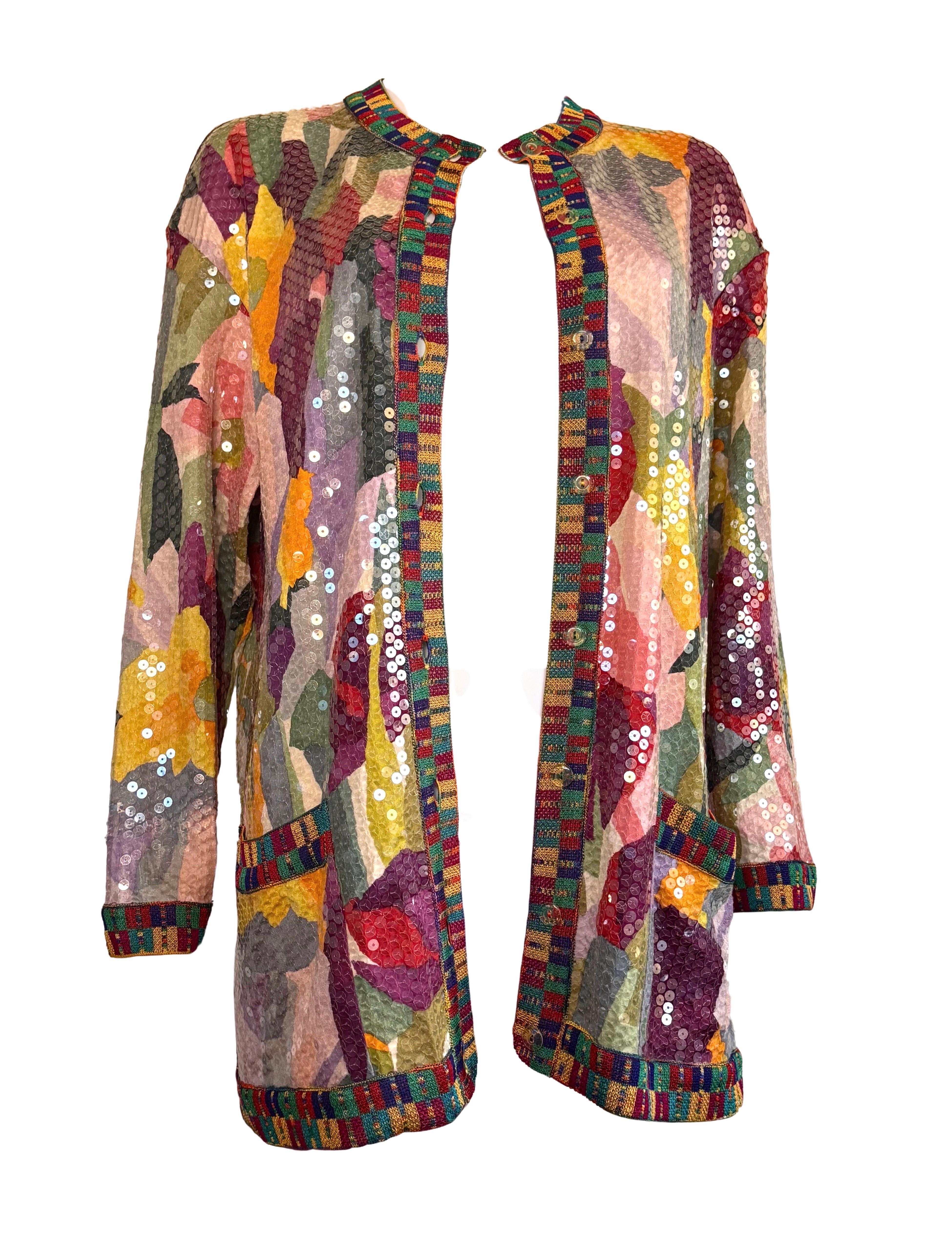 Missoni Vintage Runway P/E 1991 Mini abito in seta con lustrini floreali, giacca cardigan in vendita 5