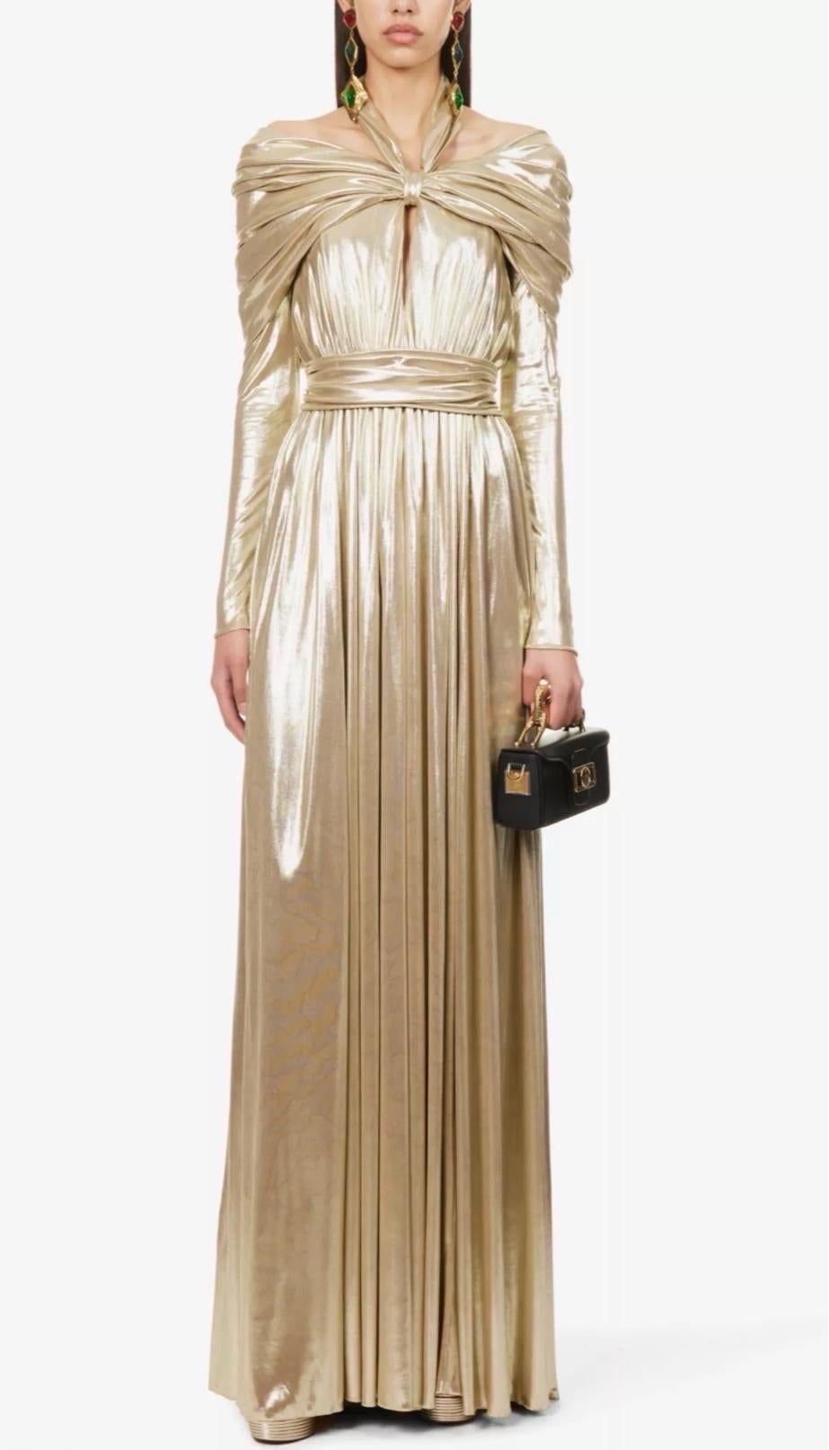 Giambattista Valli Runway F/W 2023 Gold Lamé Goddess Gown NWT IT 46 en vente 2