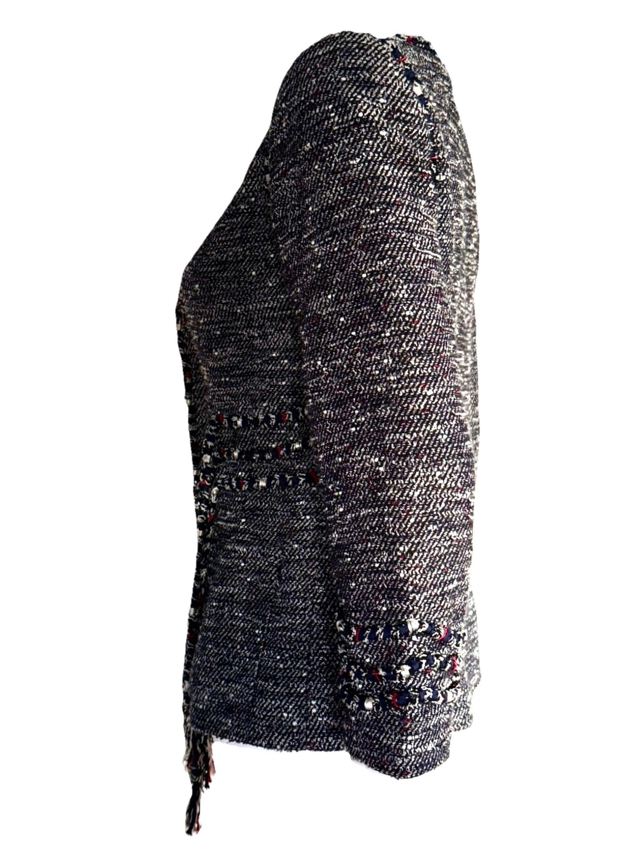 Black CHANEL Karl Lagerfeld Spring 2010 Fringed Bouclé Tweed Jacket w/Camellia Buttons For Sale