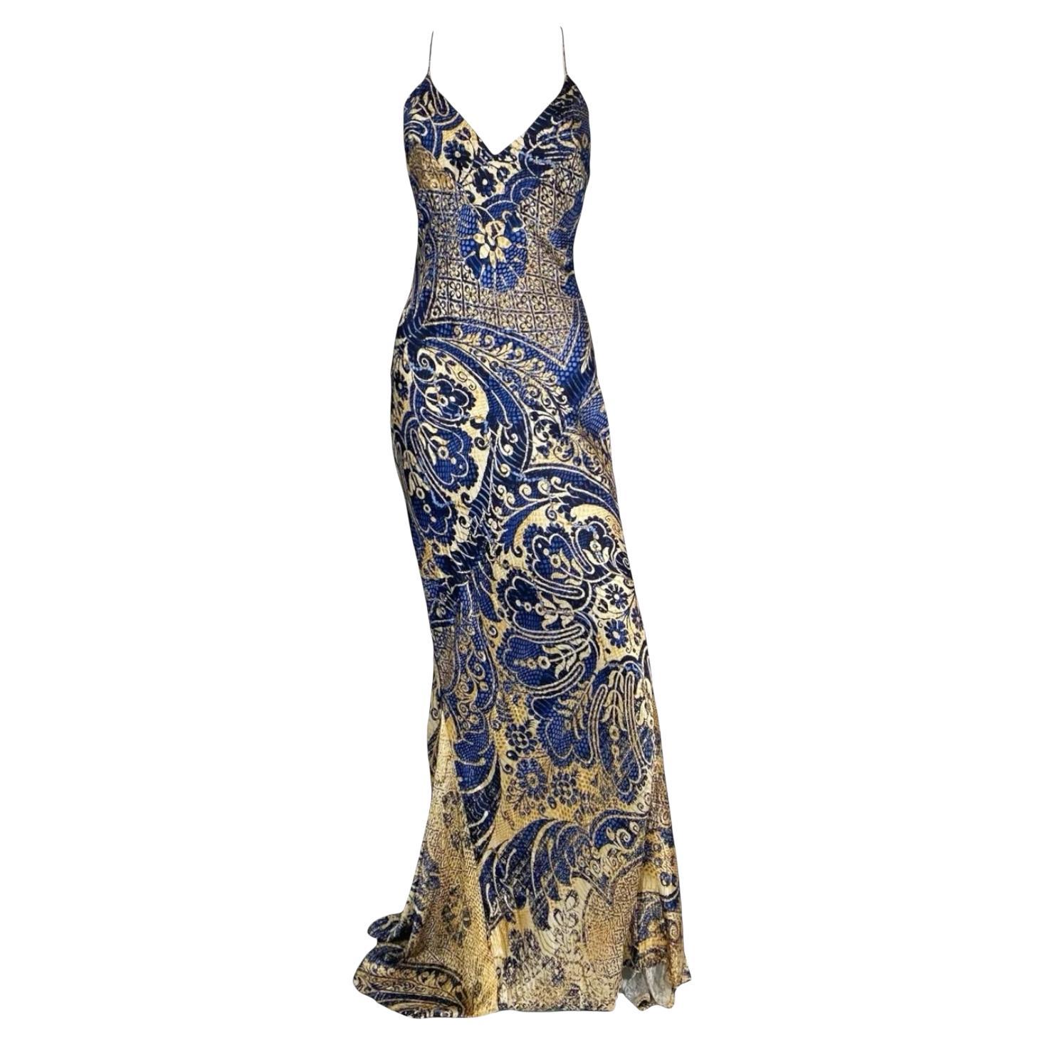 Robe en soie bleu et or de Roberto Cavalli, 2005