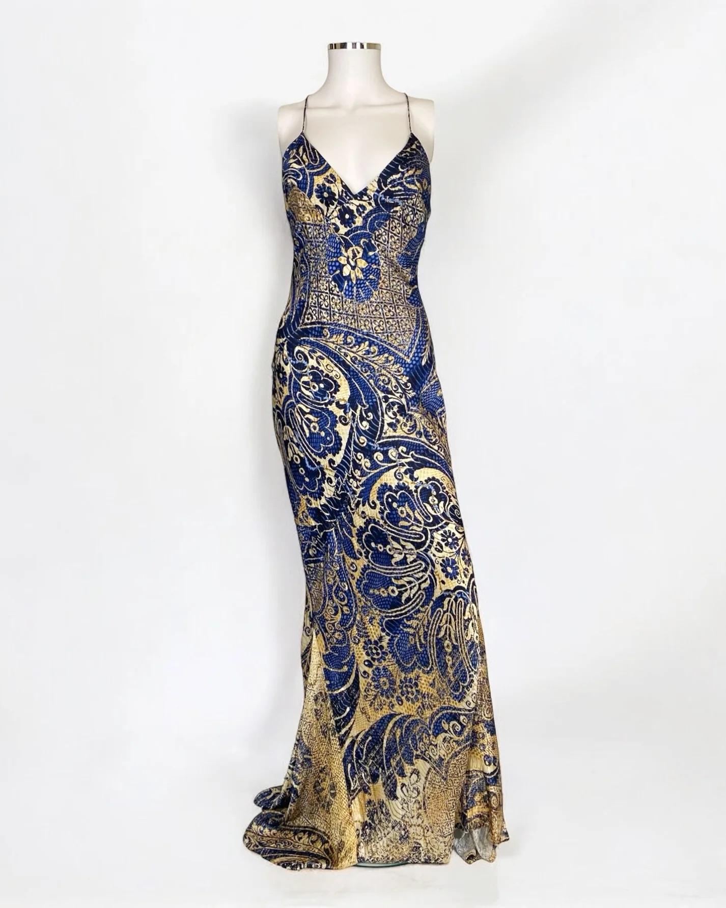 Robe en soie imprimée ornementale de Roberto Cavalli, 2005
Tons de bleu et d'or
Elle est dotée de fines bretelles qui se croisent dans le dos et se termine par une fermeture éclair au dos avec une jupe qui s'écoule en une magnifique queue de