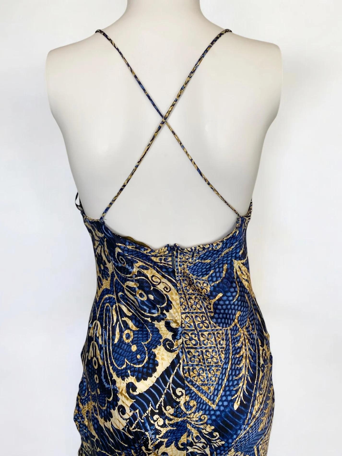 Robe en soie bleu et or de Roberto Cavalli, 2005 Pour femmes en vente