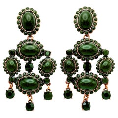 Oscar de la Renta Deep Green Resin & Metal Antique Gold Chandelier Clip Earrings