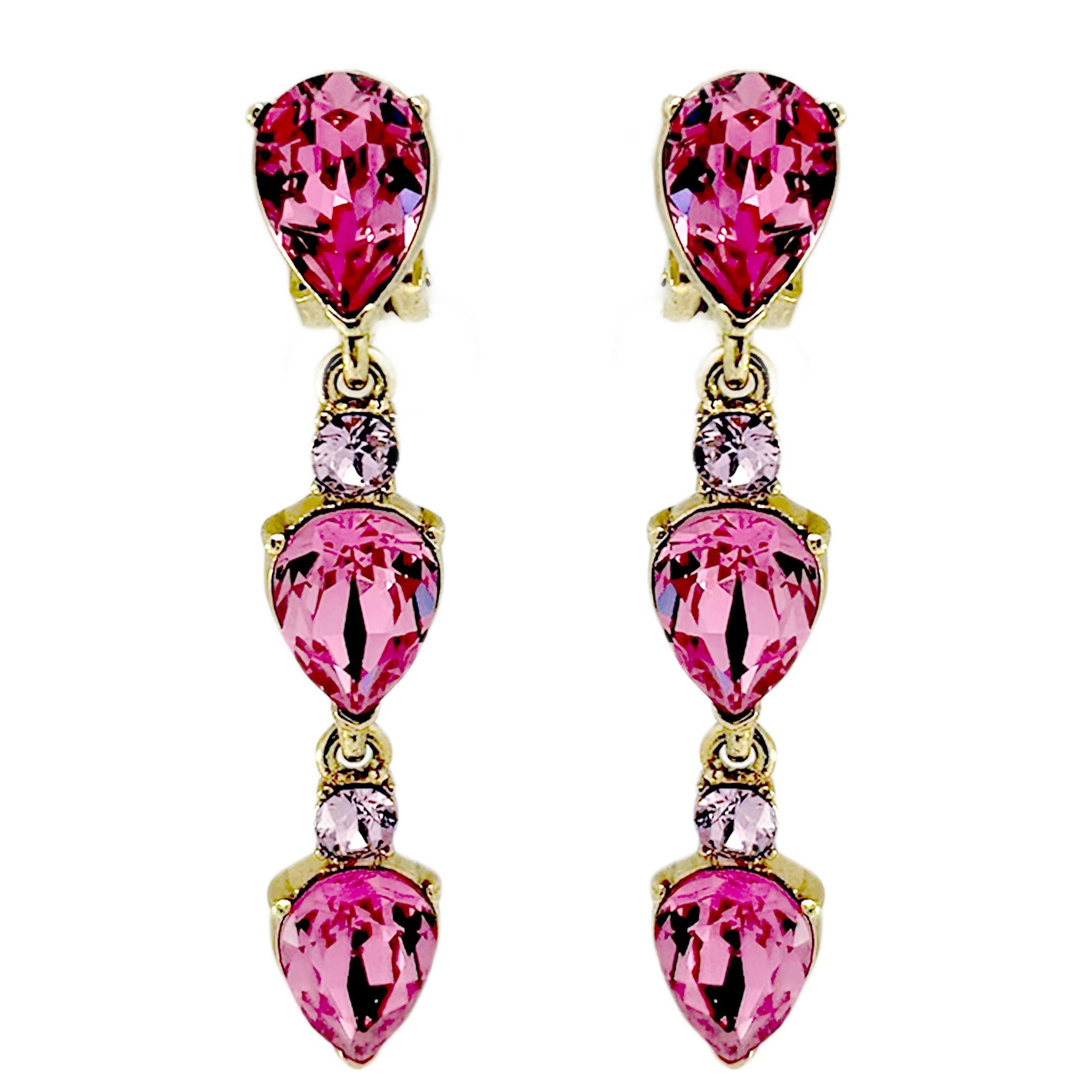 Oscar De La Renta Rose Pink Birne Swarovski Kristall Vergoldet Tropfen Ohrring Clip