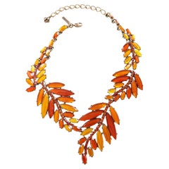 Oscar de la Renta 22K Gold Plated Orange Amber Resin Leaf Statement Necklace