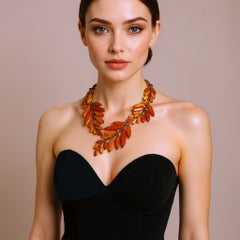 Oscar de la Renta 22K Gold Plated Orange Amber Resin Leaf Statement Necklace