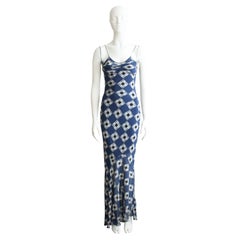 John Galliano Fall/Winter 2001 Blue Geometric Print Bias Silk Chiffon Slip Dress