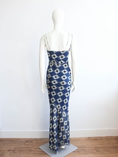 John Galliano Fall/Winter 2001 Blue Geometric Print Bias Silk Chiffon Slip Dress