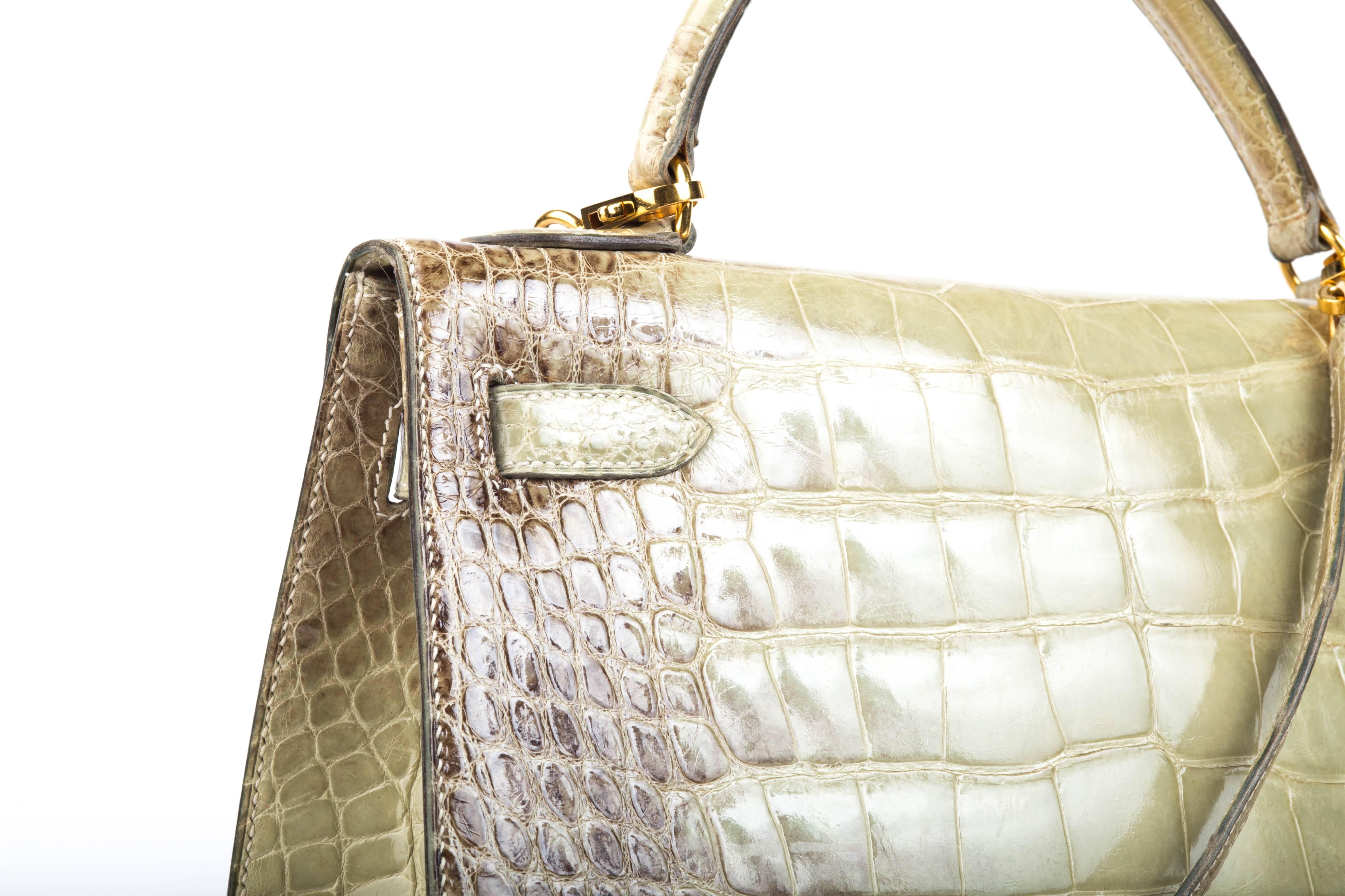 Women's or Men's Kelly 32 cm Natura Vert Crocodile Alligator Shiny with Gold HDW  For Sale