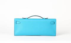 Kelly Cut  Pochette Turquoise in Swift Leather and Silver HDW