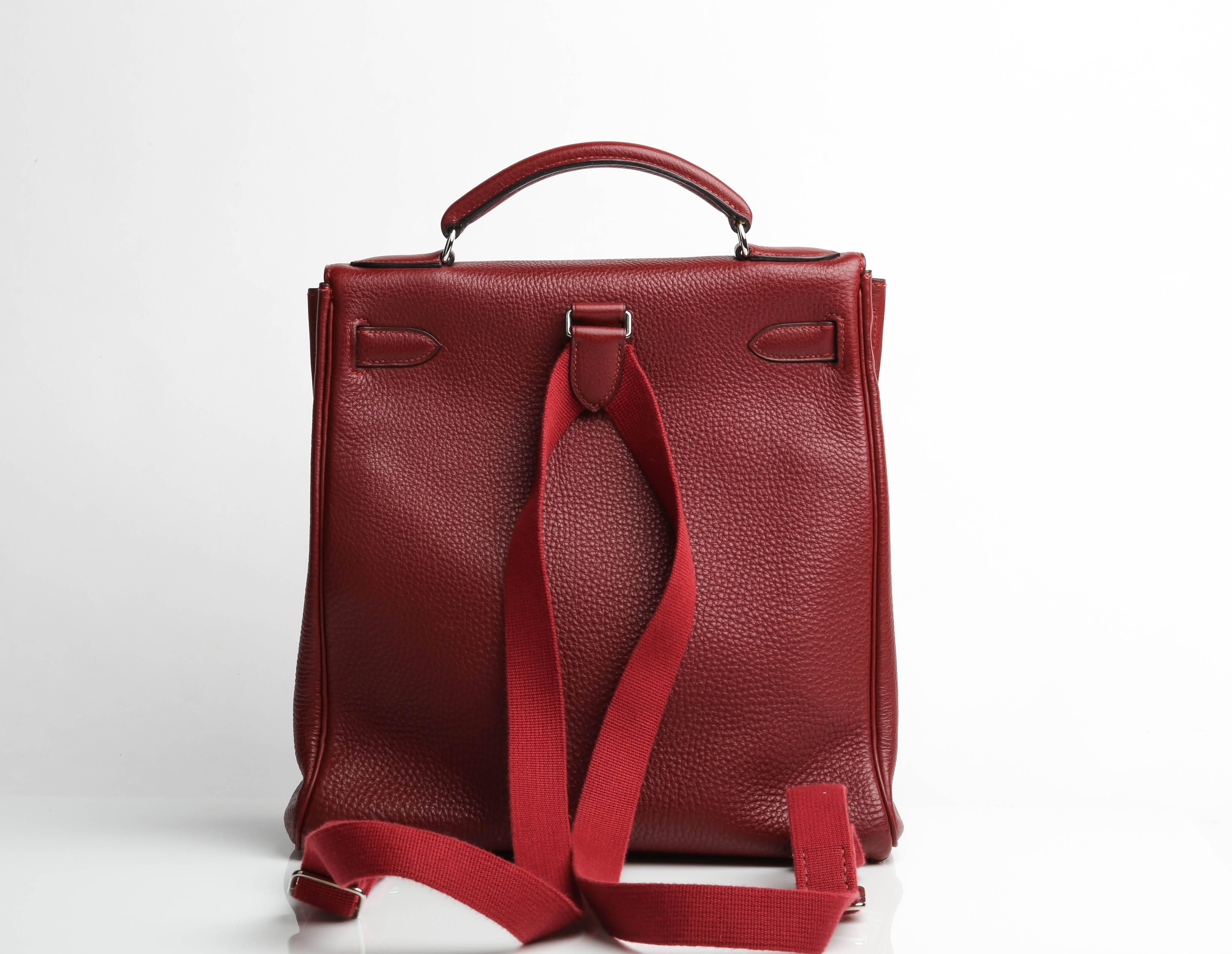 Women's or Men's Kelly Ado Backpack In Burgundy Color Togo Leather with Silver HDW For Sale