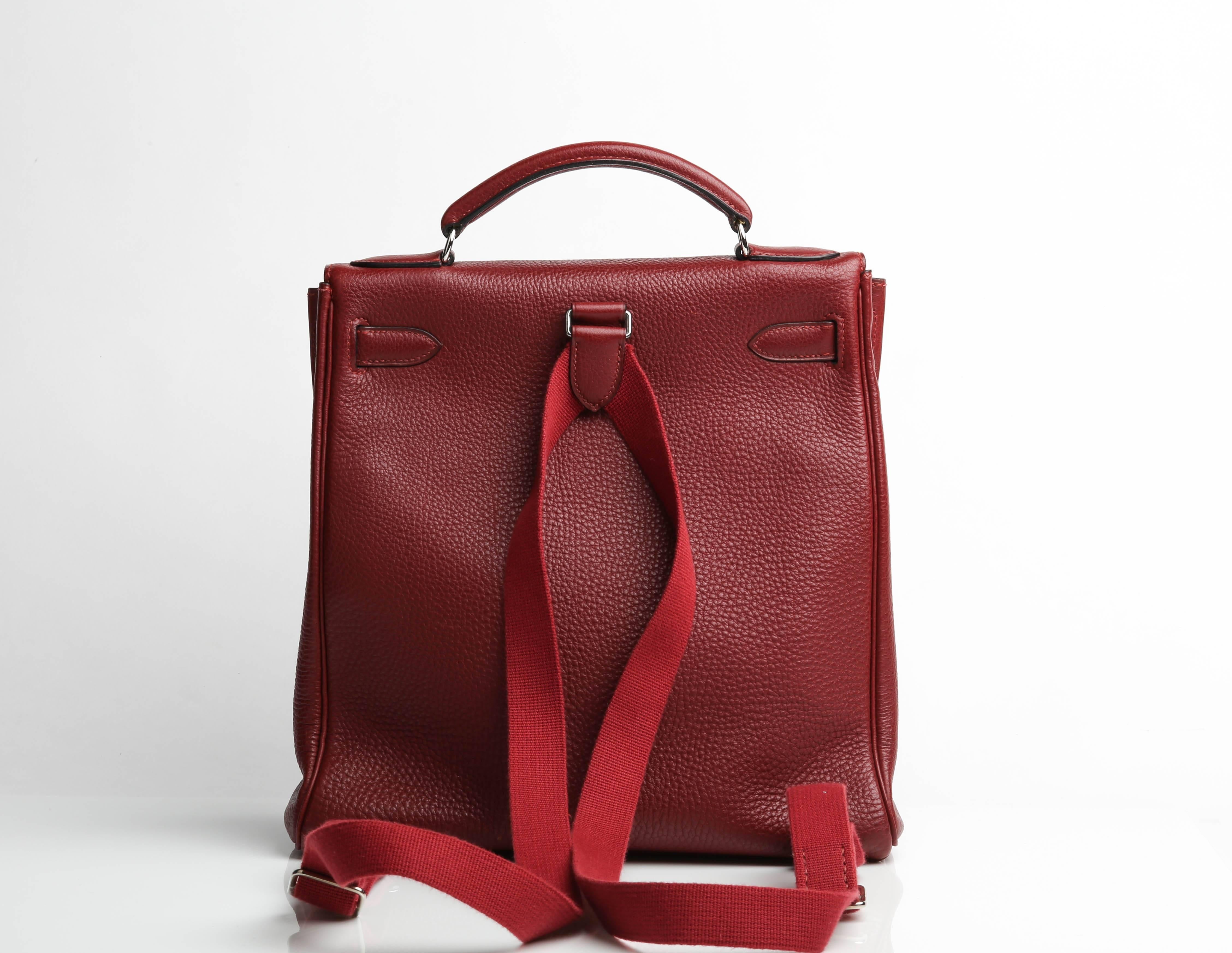 Women's or Men's Kelly Ado Backpack In Burgundy Color Togo Leather with Silver HDW  For Sale