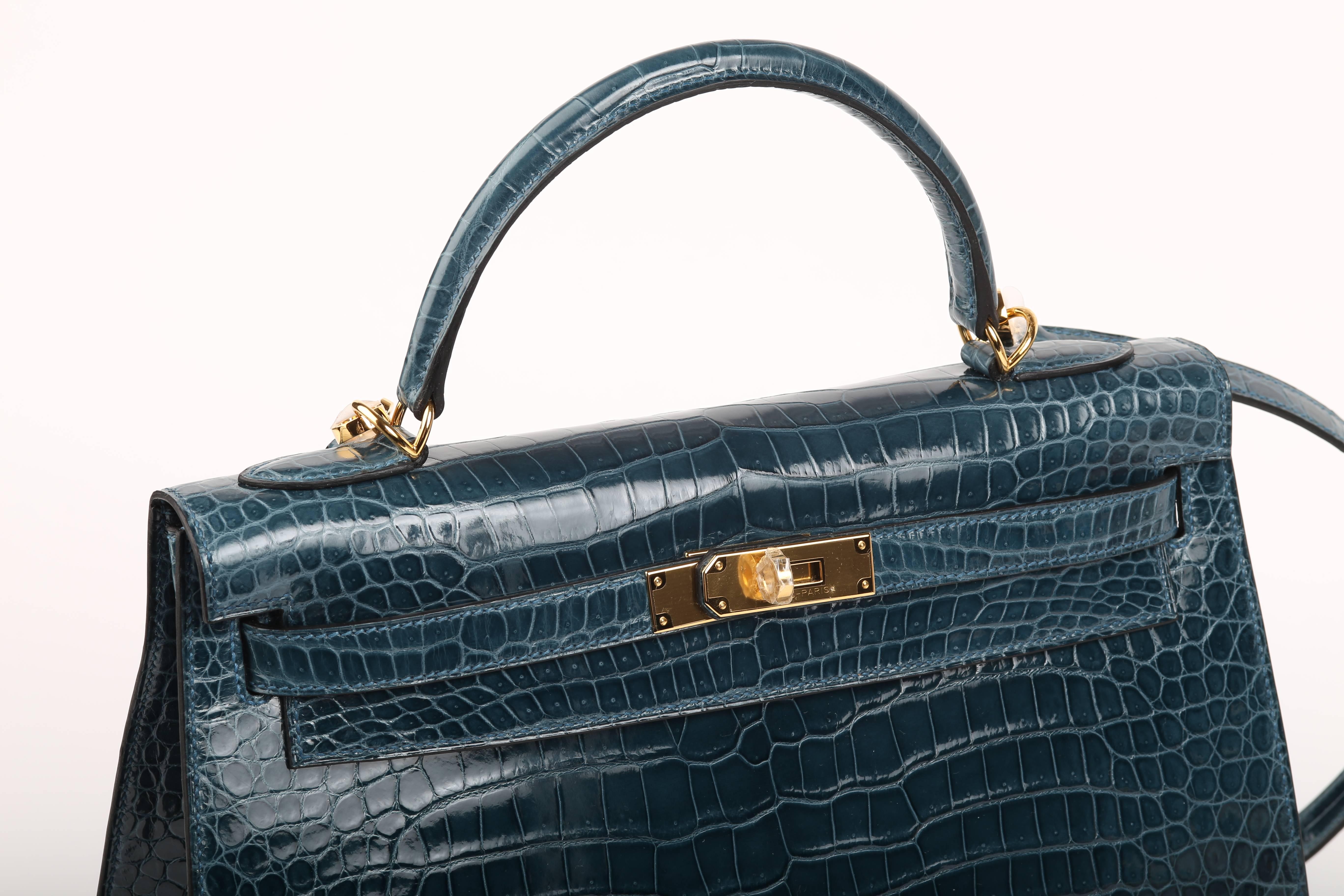 Women's or Men's Kelly Blue Roy 32 cm Niloticus Shiny Crocodile with GoldHDW  For Sale