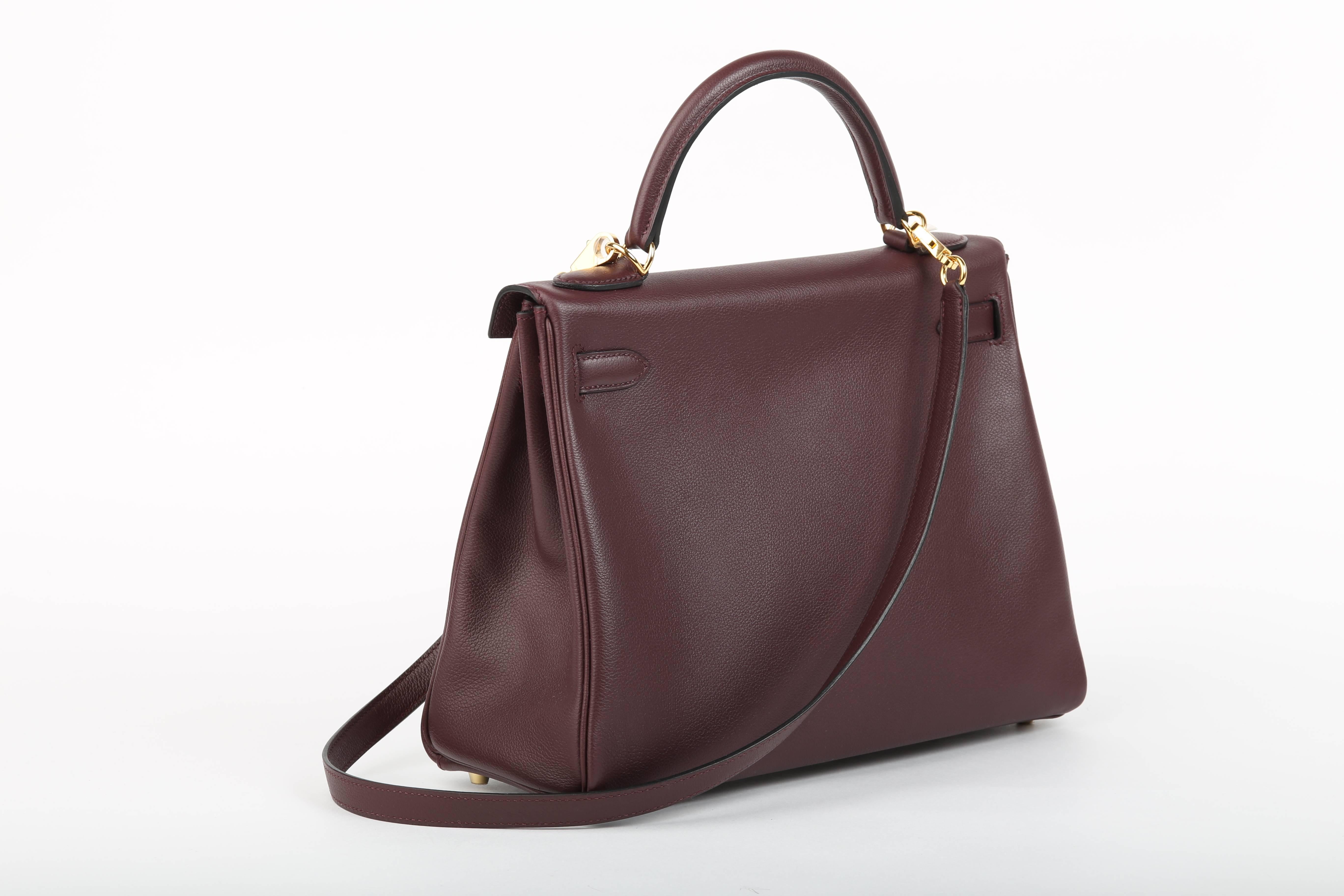 Hermes Kelly 32 cm in Prune, an incredible shade of deep purple, this Violet brings elegance, delivering a daily dose of beauty to your outfit! 
This Kelly is a Retourne shape, which has a more relaxed shape. During the manufacturing process the